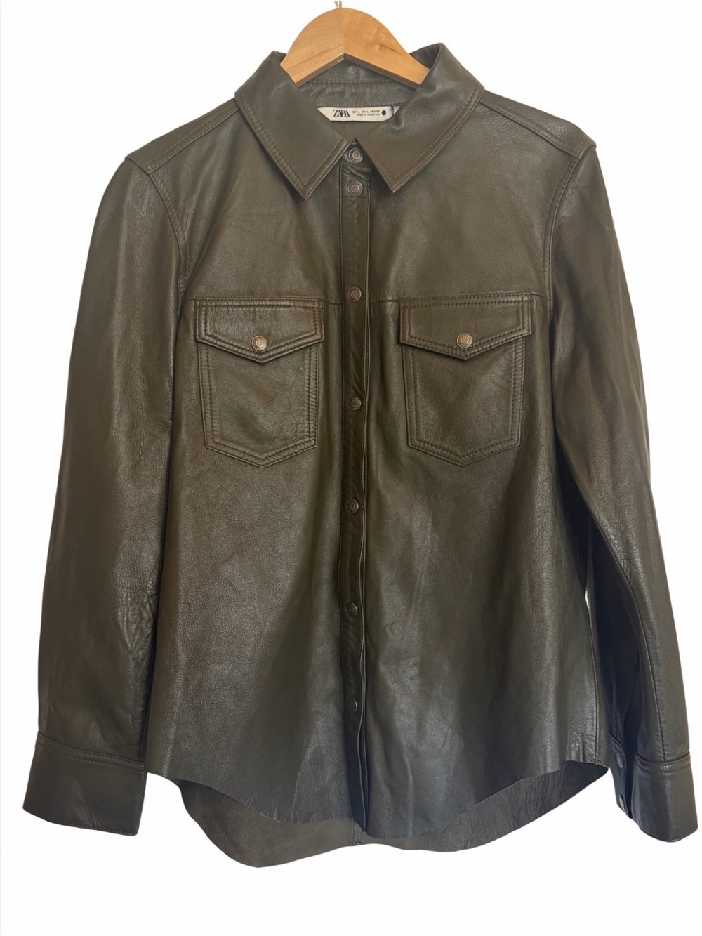 NWT Zara Large The Sadie Shirt 100% Sheep Leather Overshirt Jacket Olive